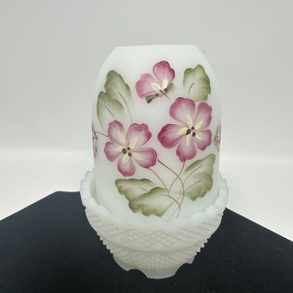Fenton Fairy Lamp White Satin Milk Glass Purple Floral Hand Painted Sindledecker